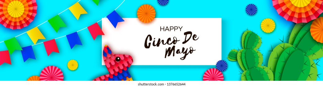 Happy Cinco de Mayo Greeting card. Paper Fan, Funny Pinata, Cactus in paper cut style. Origami Sombrero hat. Mexico, Carnival. Rectangle frame on sky blue. Space for text. Banner