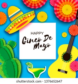 Happy Cinco de Mayo Greeting card. Paper Fan, Funny Pinata, Guitar, Cactus in paper cut style. Margarita Coctail. Origami Sombrero hat. Mexico, Carnival. Square frame. Space for text.