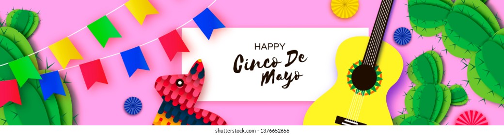 Happy Cinco de Mayo Greeting card. Paper Fan, Guitar, Cactus in paper cut style. Origami Sombrero hat. Mexico, Carnival. Rectangle frame on sky pink. Space for text. Banner.