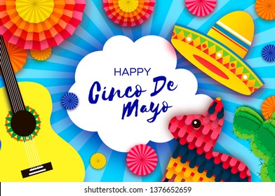 Happy Cinco de Mayo Greeting card. Paper Fan, Funny Pinata, Guitar, Cactus in paper cut style. Origami Sombrero hat. Mexico, Carnival. Cloud frame on sky blue. Space for text.