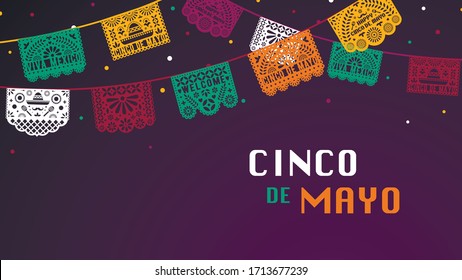 Happy Cinco de Mayo greeting banner with papel picado garland for mexico independence celebration. Traditional papercut flags with decorative elements. Folk art.