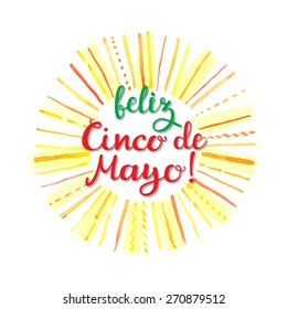 Happy Cinco de Mayo greeting card. Hand drawn calligraphic letters on a watercolor background. Vector EPS.