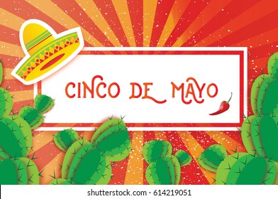 Happy Cinco de Mayo Greeting card. Origami Mexican sombrero hat, succulents and red chili pepper jalapeno. Mexico, Carnival. Orange background with paper cut cactus. Rectangle frame. Vector