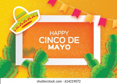 Happy Cinco de Mayo Greeting card. Origami Mexican sombrero hat, succulents,flags. Mexico, Carnival. Orange background with paper cut cactus. Rectangle frame for text. Vector illustration.