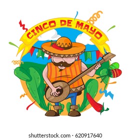 Happy Cinco De Mayo greeting card with an mexican man in sombrero playing guitar and maracas. On the background of cacti, flags and confetti. Vector illustration isolated on white background.