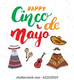 Happy Cinco de Mayo greeting card Hand lettering. Mexican holiday. vector illustration isolated on white background