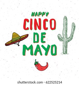 Happy Cinco de Mayo greeting card Hand lettering. Mexican holiday. vector illustration isolated on white background