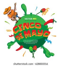 Happy Cinco De Mayo greeting card with a mexican man in sombrero playing guitar and maracas. On the background of cacti, flags and confetti. Vector illustration isolated on white background.