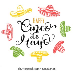 Happy Cinco de Mayo greeting card and hand drawn phrase   doodle sombreros 