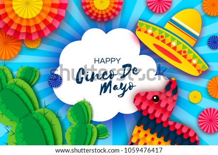Happy Cinco de Mayo Greeting card. Colorful Paper Fan, Funny Pinata and Cactus in paper cut style. Origami Sombrero hat. Mexico, Carnival. Cloud frame on sky blue. Space for text.