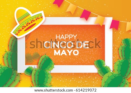 Happy Cinco de Mayo Greeting card. Origami Mexican sombrero hat, succulents,flags. Mexico, Carnival. Orange background with paper cut cactus. Rectangle frame for text. Vector illustration.