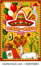 Happy Cinco de Mayo, Mexican holiday party celebration symbols. Vector Mexico flag balloons, Aztec pyramid and sombrero with guitar and poncho, Cinco de Mayo siesta party cactus tequila with avocado