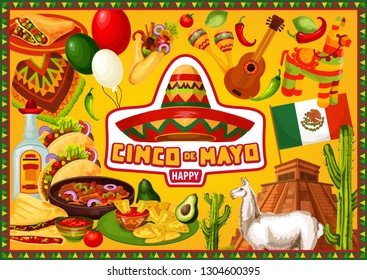 Feliz Cinco de Mayo, Fiesta de Fiestas del 5 de Mayo en México. Símbolos vectoriales de decoración y comida Cinco de Mayo, lama en la pirámide Azteca, nachos en guacamole, tequila con pimienta, poncho y sombrero