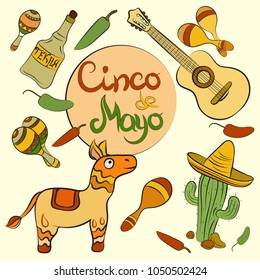 Happy Cinco De Mayo poster with cactus, sombrero, maracas, jalapeno pepper and guitar