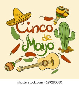 Happy Cinco De Mayo poster with cactus, sombrero, maracas, jalapeno pepper and guitar