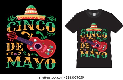 Happy Cinco de mayo T-Shirt Design Typografie Vektorgrafik Vorlage. Mexikanische Mütze und Gitarre blühende Ornamente Feiertag Mexiko Festival. Bereit für Druck, Hemden, Banner, Poster, 