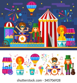 Happy Circus carnival with drum and guitar musicians, popcorn, fireworks, lion and food cart. Flat Vector stock illustration set with isolated items and characters. 