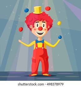 Happy circus clown. Cartoon vector illustration. Man juggling balls. Circus show. Vintage style.