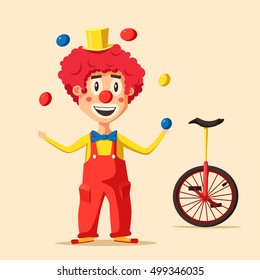 Happy circus clown. Cartoon vector illustration. Man juggling balls. Circus show. Vintage style.