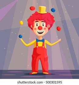 Happy circus clown. Cartoon vector illustration. Man juggling balls. Circus show. Vintage style.