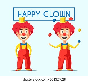 Happy circus clown. Cartoon vector illustration. Man juggling balls. Circus show. Vintage style.