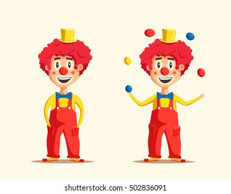 Happy circus clown. Cartoon vector illustration. Man juggling balls. Circus show. Vintage style.