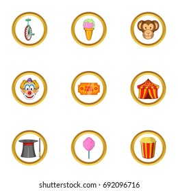 Happy circus icon set. Cartoon set of 9 happy circus vector icons for web isolated on white background