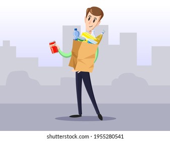 Happy citizen making purchases in modern city. Flat vector illustration. Cartoon man character with paper bag full of food items in city background. Shopping, marketing concept for advertisement