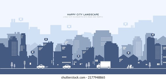 Happy city silhouette. Flat Lively City landscape with road, car, taxi, truck, motorcycle, traffic, and logistic.