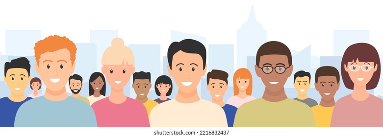 Happy civil people standing together. Human crowd. Multicultural society in town. Male and female diverse citizens population. Vector illustration.