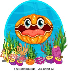 A happy clam surrounded by colorful sea life