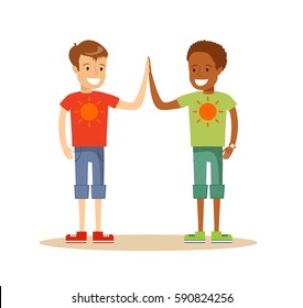 Happy classmates giving high-five and smiling , over white background. Cartoon character illustration . Stock vector illustration for poster, greeting card, website, ad.