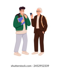 Felices compañeros de clase parados juntos. Adolescentes amigos, estudiantes de secundaria o universitarios. Adolescentes, estudiantes de último curso sostienen mochilas, teléfonos, libros. Ilustración vectorial aislada plana sobre fondo blanco