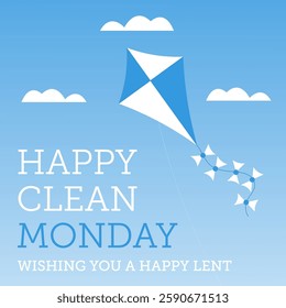 Happy clean monday greeting card with a cheerful kite flying in a blue sky. Happy lent. Vector square illustration.