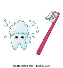 Happy clean and shining kawaii tooth with soap suds and toothbrush - cute cartoon characters on white, dental care and oral hygiene, dentistry, brushing your teeth vector flat illustration