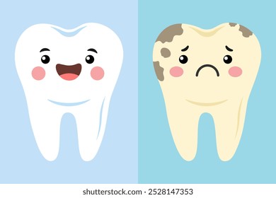 Happy clean tooth and sad decayed tooth, brushing teeth healthy and prevent cavities,dental care concept for kids,children boys and girls,flat vector isolated illustration