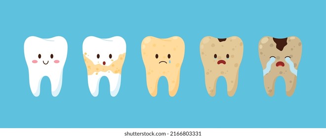 Happy clean and white tooth and sad yellow and dirty, flat vector illustration isolated on blue background. Set of teeth before and after whitening or cleaning. Cartoon dental characters.