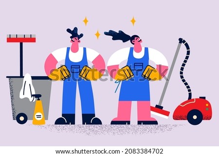 Happy cleaners with tools and detergents take care of office hygiene. Smiling man and woman janitors or housekeepers do chores. Professional cleaning or housekeeping service. Vector illustration. 