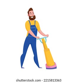 Happy cleaning service worker in uniform polishing floor flat vector illustration