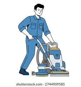 Happy Cleaning Worker Man in Blue Uniform Operating a Professional Floor Cleaning Machine, Providing Janitorial Service, Flat Vector.