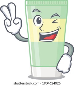 Happy cleansing foam cartoon design concept show two fingers