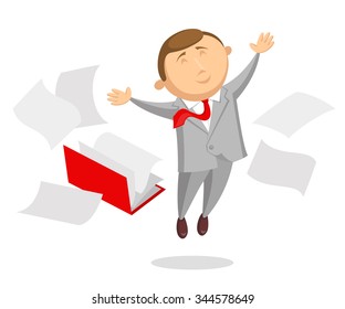 Happy clerk dressed in black business suit and with red tie is cheerfully jumping up, arms is outstretched in different sides. Opened folder with documents and sheets around him