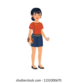 Happy client. Asian black haired woman holding credit card and dressed in casual clothes. Isolated vector illustration in cartoon style.
