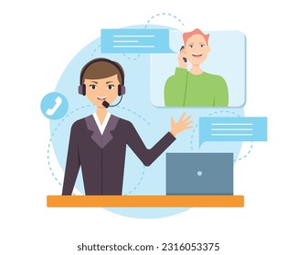 Happy client calling to support line, operator talking and helping to solve problem. Customer support department staff. Hotline operator advisers. Customer service communication. Vector illustration
