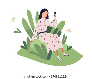 Cliente feliz que disfruta de una buena interfaz utilizable y un entorno positivo amigable de la aplicación móvil. Concepto de asistencia y atención al usuario. Ilustración vectorial plana coloreada aislada en fondo blanco