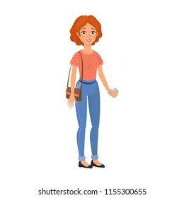 Happy client. European red haired woman holding credit card and dressed in casual clothes. Isolated vector illustration in cartoon style.