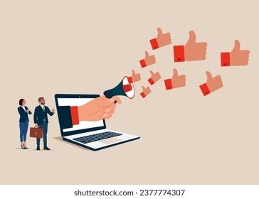 Happy client from out of laptop shouting on megaphone with positive thumb up symbols . Positive feedback to product quality. Flat vector illustration