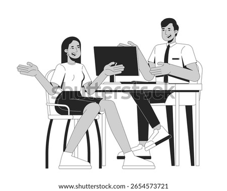 Happy client talking with financial advisor 2D line characters. Cheerful middle eastern woman having discussion with civil servant isolated vector ink outline people. Monochromatic spot illustration