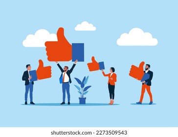 Clientes felices o personas de negocios que dan una respuesta positiva a la calidad del producto. Calificación, encuesta, marketing, éxito empresarial. Realimentación positiva a la calidad del producto. Ilustración vectorial plana