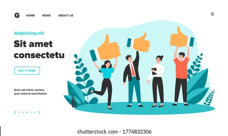 Happy clients giving positive feedback to product quality. Customers showing like, giving support to top service. Vector illustration for rating, survey, marketing, business success concept